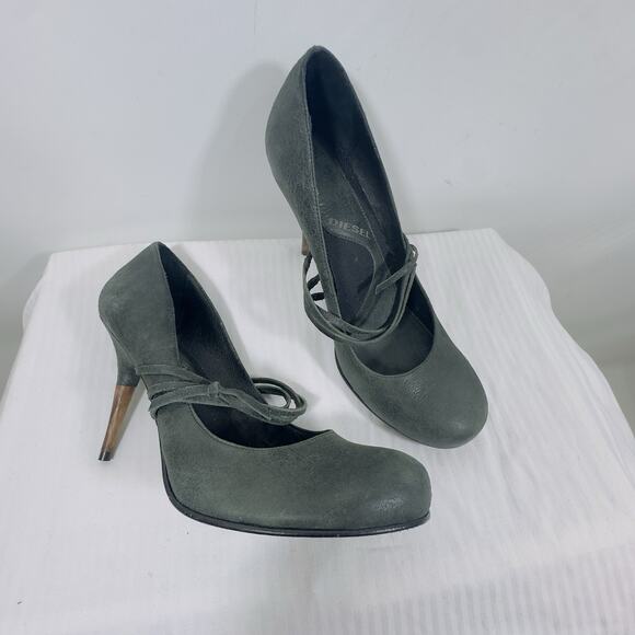 Diesel Suede Mary Jane Heels Women’s Size 11 Wood Stiletto Heel Gray Pump Shoes - Picture 3 of 10